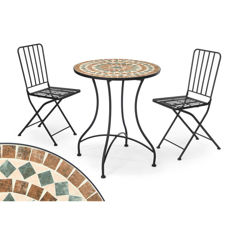 SET MESA MOSAICO MARRON 2 SILLAS FORJA