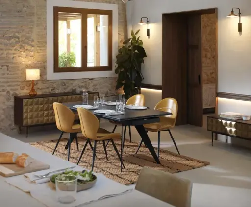 [10566] MESA COMEDOR  NEGRA CERAMICA EXTENSIBLE 180/260X95 CM PIE METAL COLOR NEG