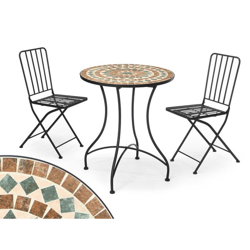 [10446-1] SET MESA MOSAICO MARRON 2 SILLAS FORJA
